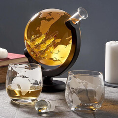 Уиски Сет OAK & Steel World Globe Decanter с 2 чаши и аксесоари