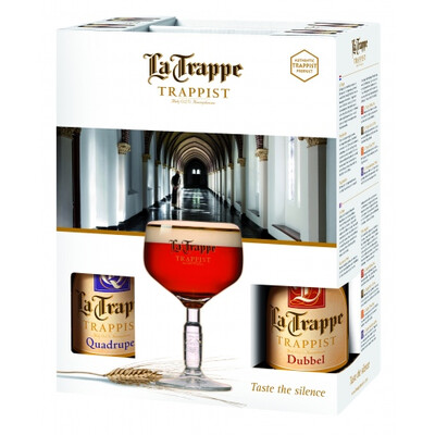 Подаръчен комплект с кристална чаша (бокал) + 4 бр. бира Ла Трап 0,33л.: Куадрупел + Трипел Блонд + Дубел + Изидор