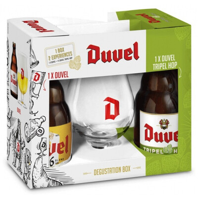Подаръчен комплект с 2 бр. бири Дювел 0,33л. ~ Белгия + 1 бр. чаша: Блонд +Трипел ХОП Ситра