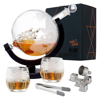 OAK & Steel World Globe Decanter for Whisky with 2 glasses and accessories