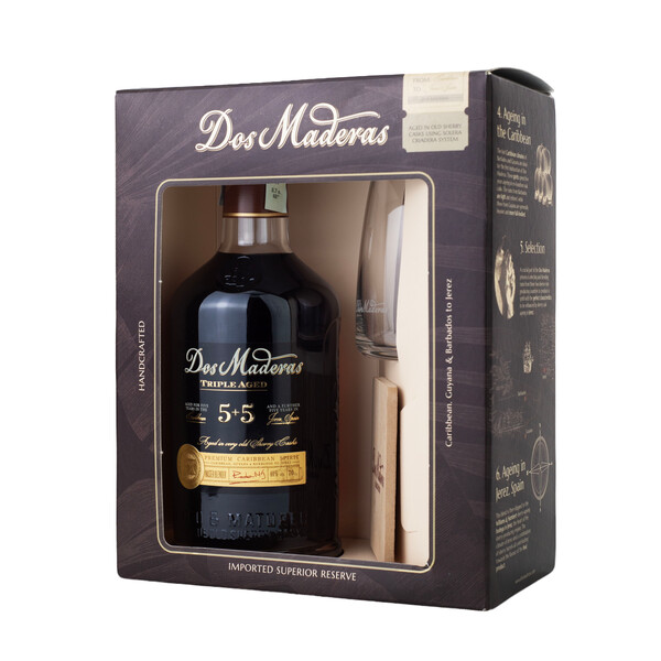 rum Dos Maderas 5+5 PX Triple Aged  Gift Set  + 1 glass + 1 coaster in a box