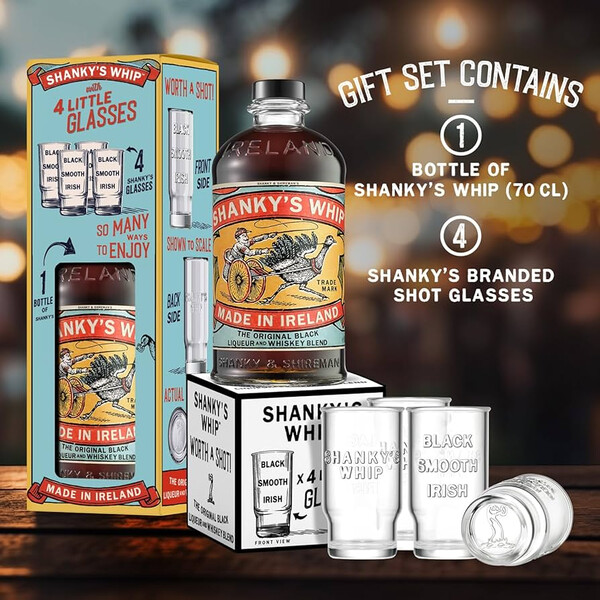 Irish Whiskey Shanky's Whip Liqueur  + 4 shot glasses
